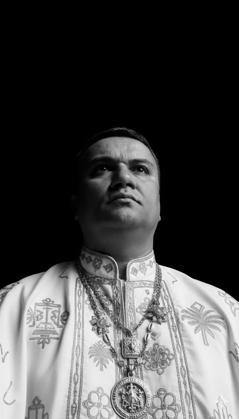 Retrato em preto e branco de Carlos Eduardo Borges em vestimentas religiosas