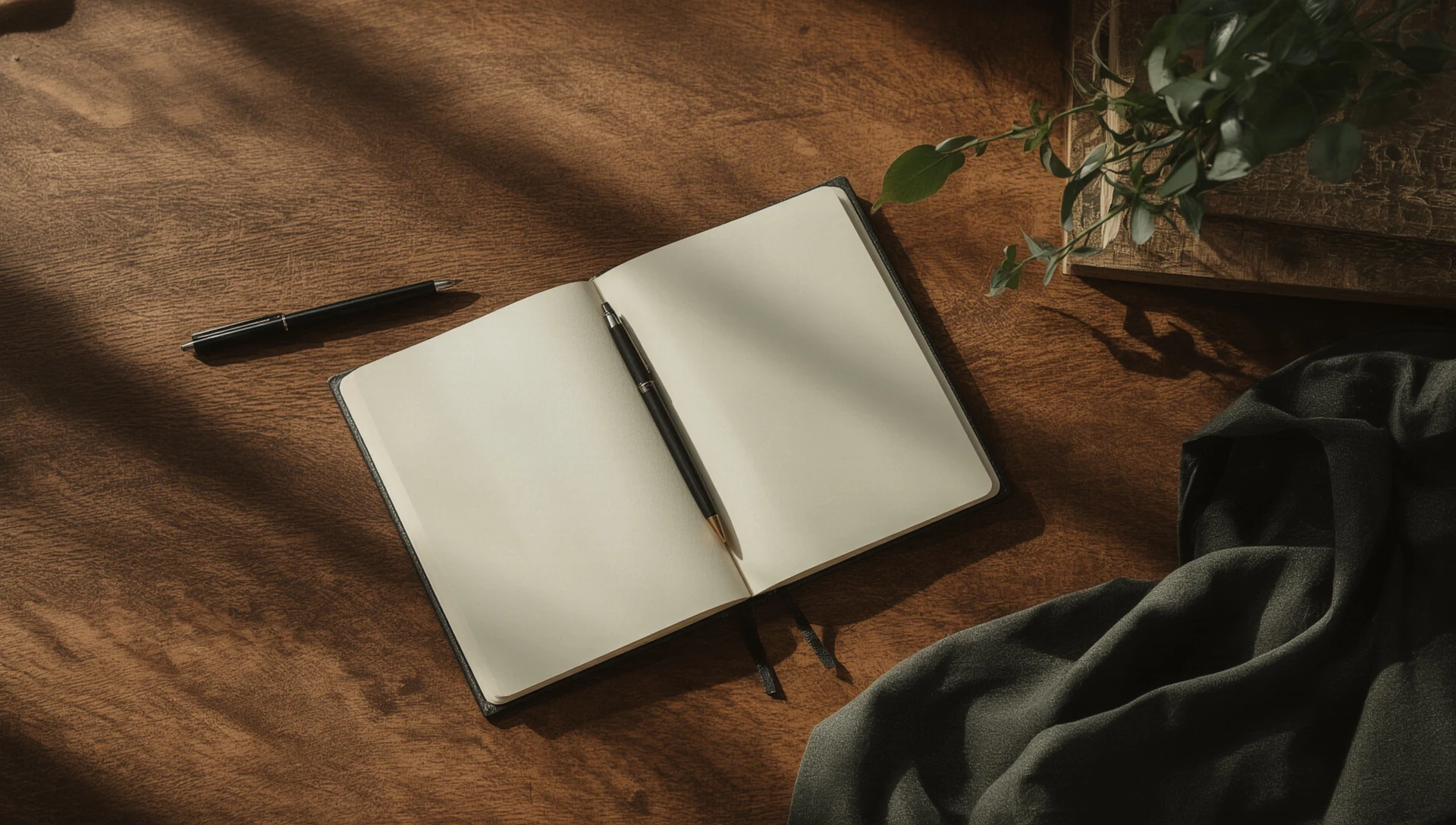 Caderno aberto sobre mesa de madeira com caneta, folhas em branco e luz natural.